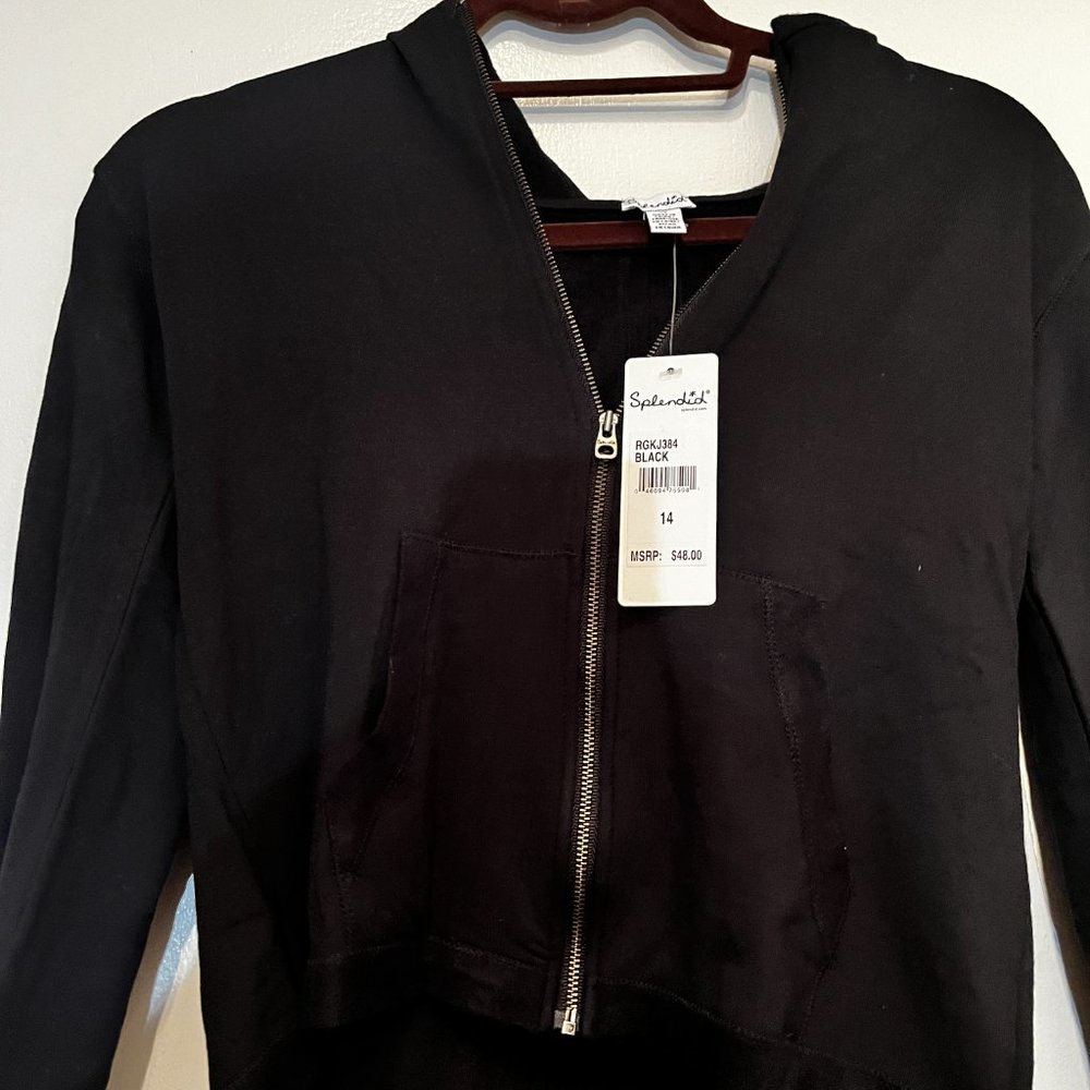 Girls NWT Splendid Zipper Front Hooded Black Sweatshirt Size 14